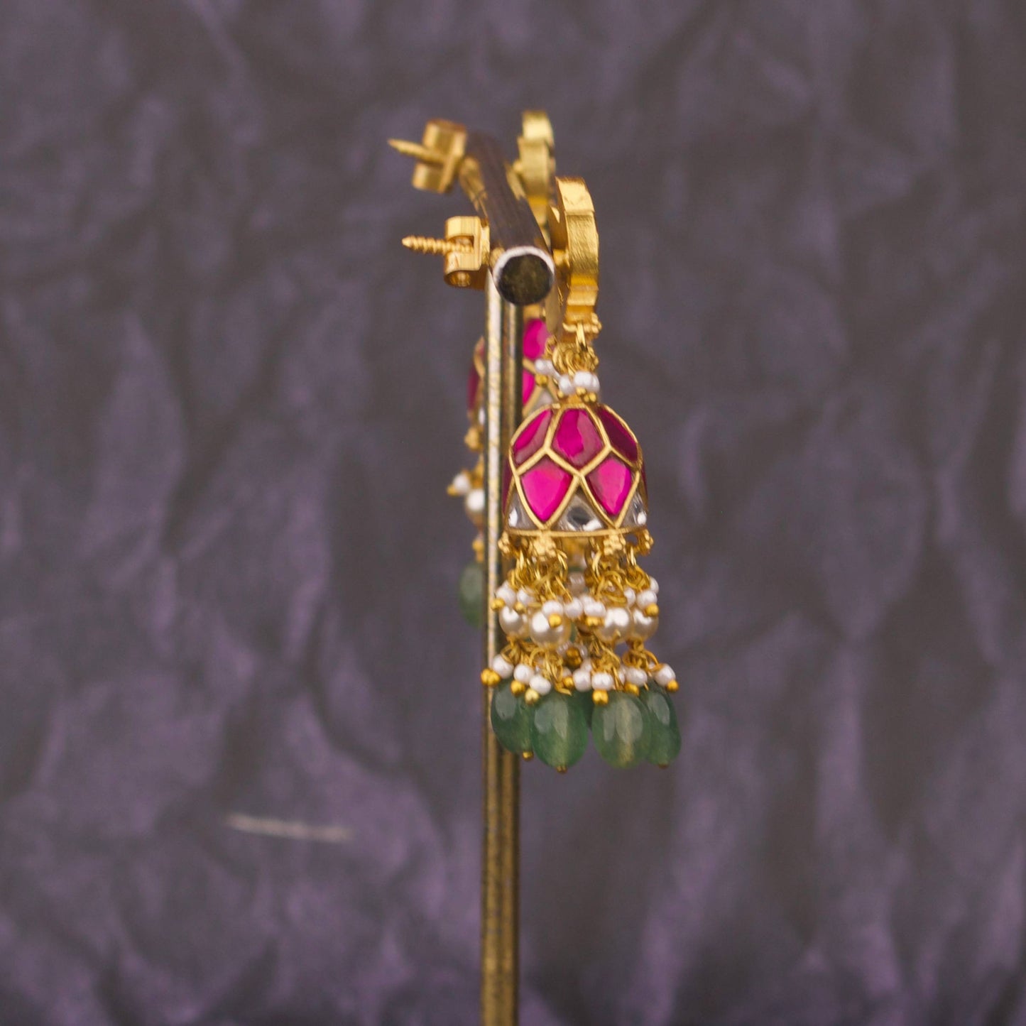 Lotus Design Jadau Kundan Jhumki Earrings With Emerald Bedas