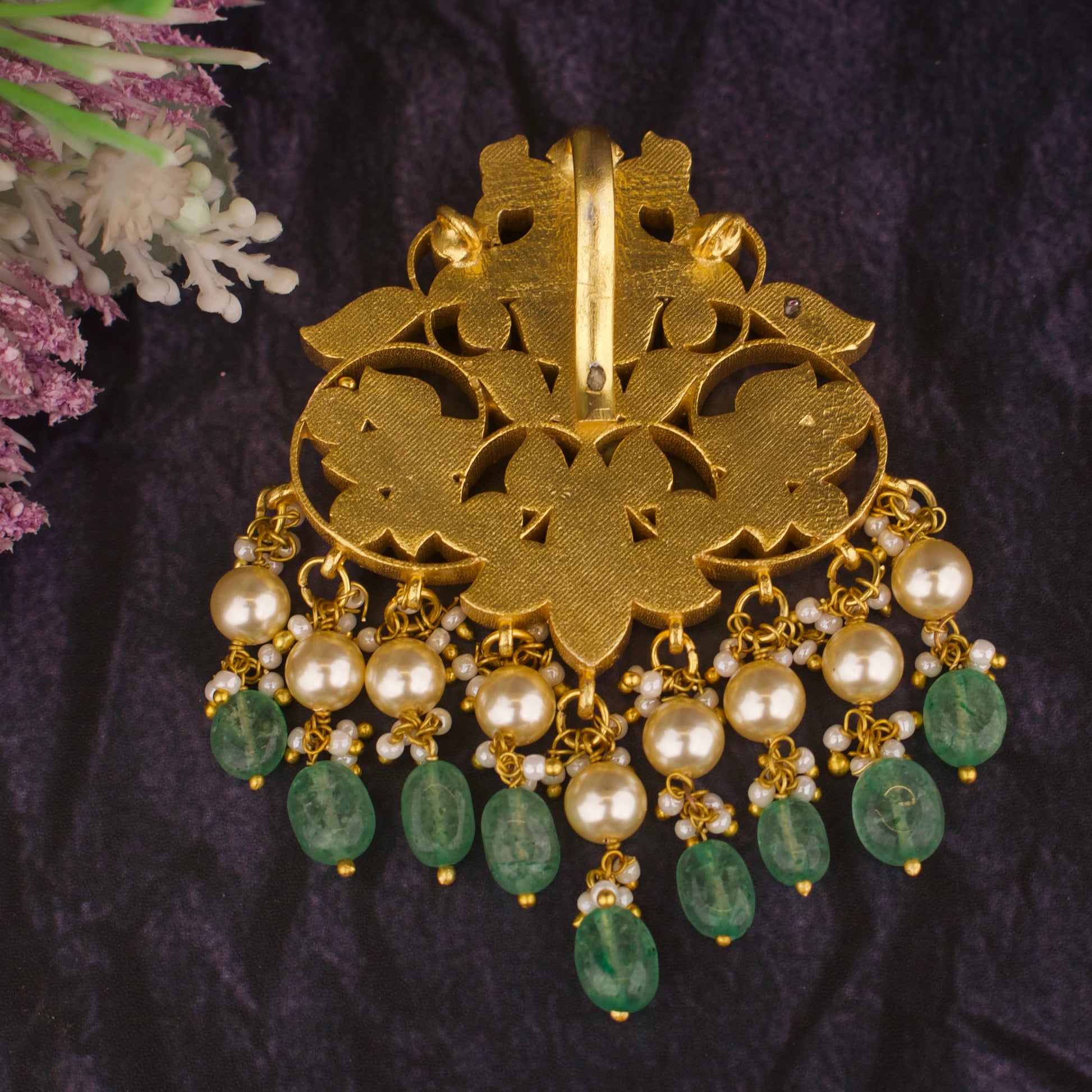 Bridal Peacock Design Jadau Kundan Locket with Green Beads and Swarovski pearl Hanging - DULHAN JEWELS