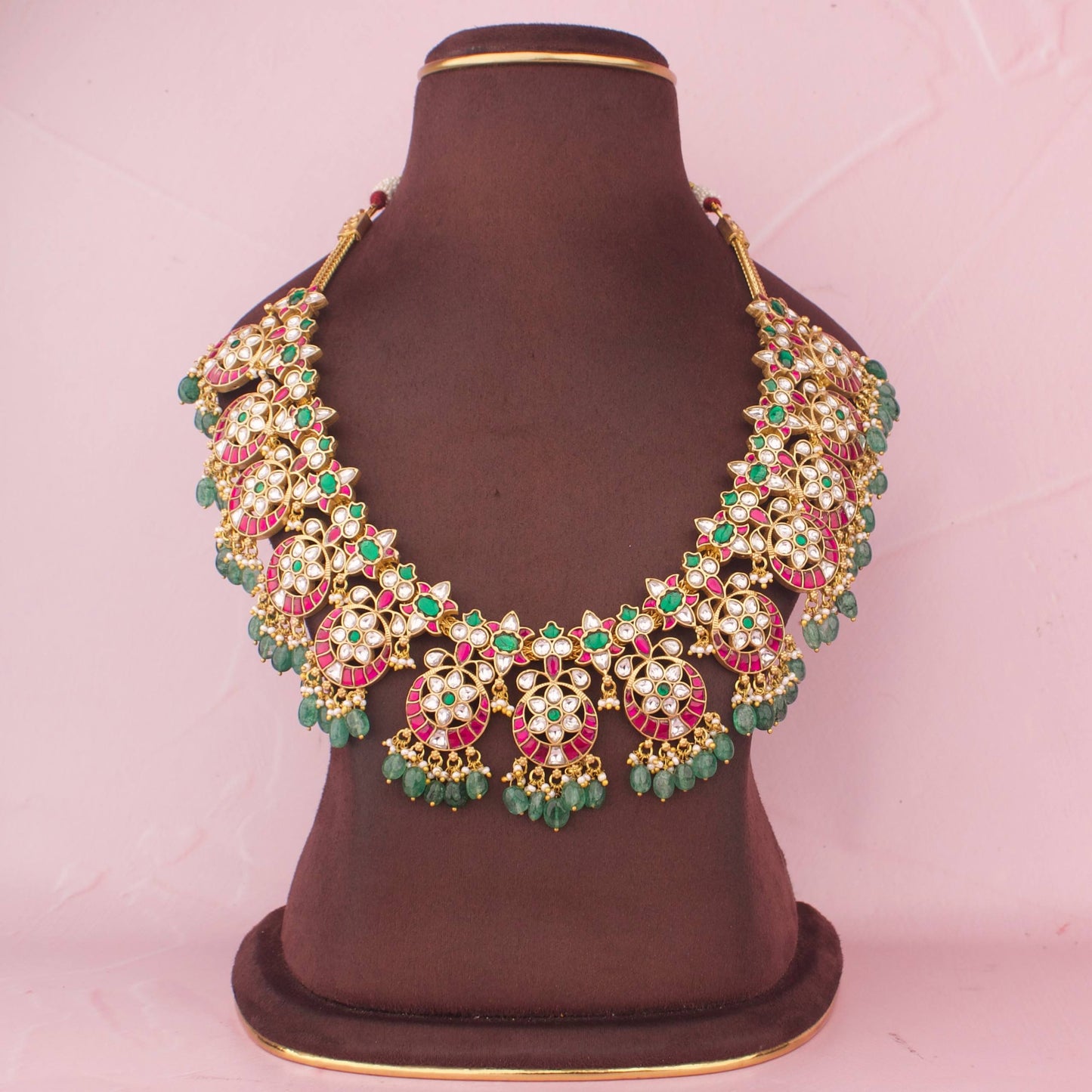 Royal Jadau Kundan Bridal Short Necklace With Meenakari Work And Emerald Bead Drops