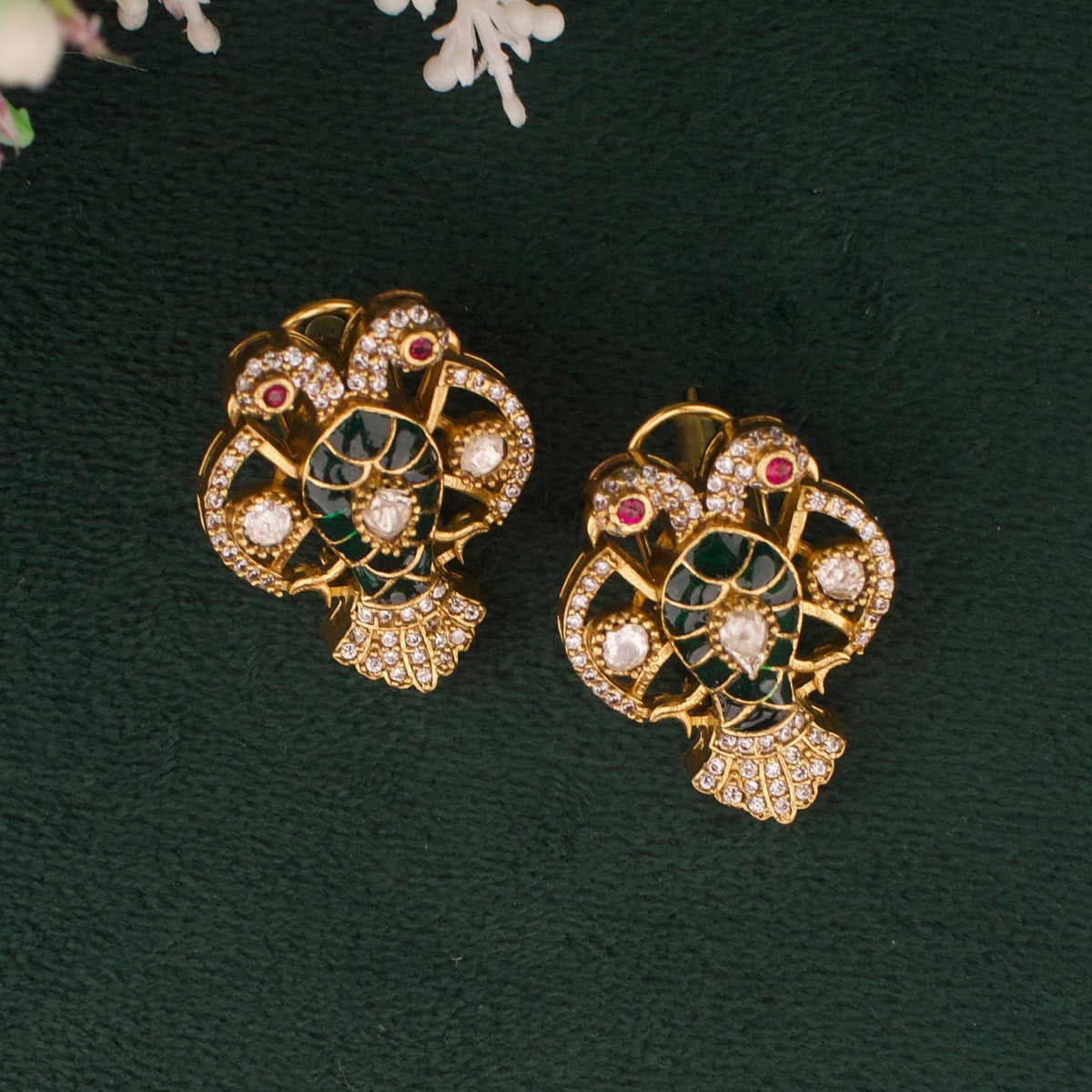 Victorian Polki Emerald Pendant Set with Earrings Styling Angle View 6 - Dulhan Jewels