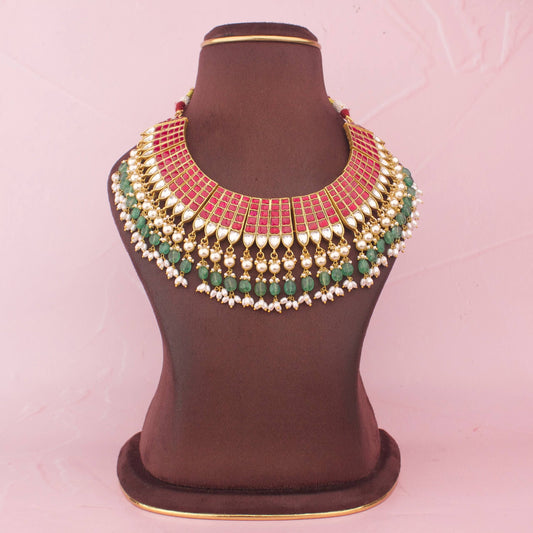 Bridal Royal Jadau Kundan Choker Necklace With Pearl And Green Bead Hangings