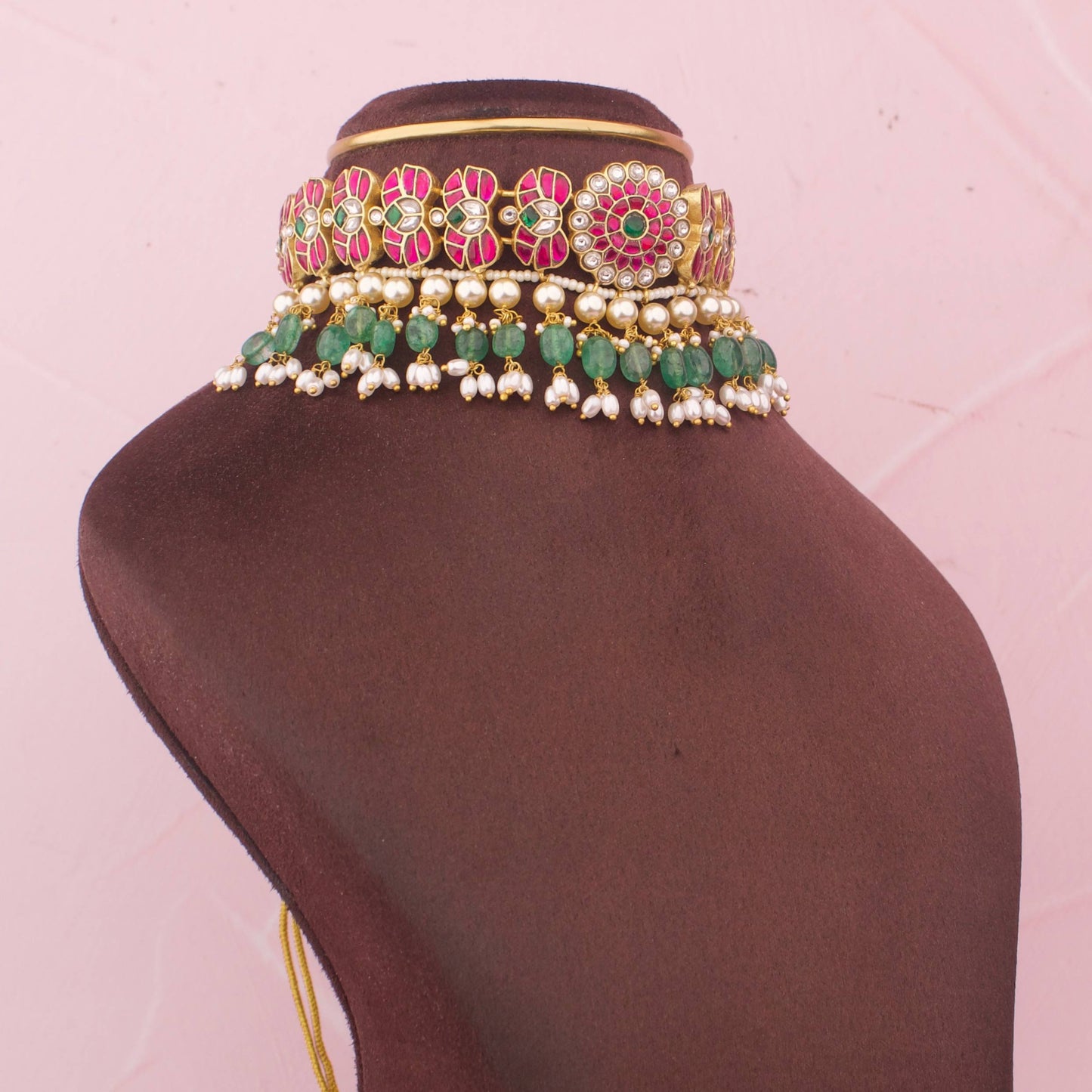 Royal Floral Jadau Kundan Choker With Pearl Layered Drops