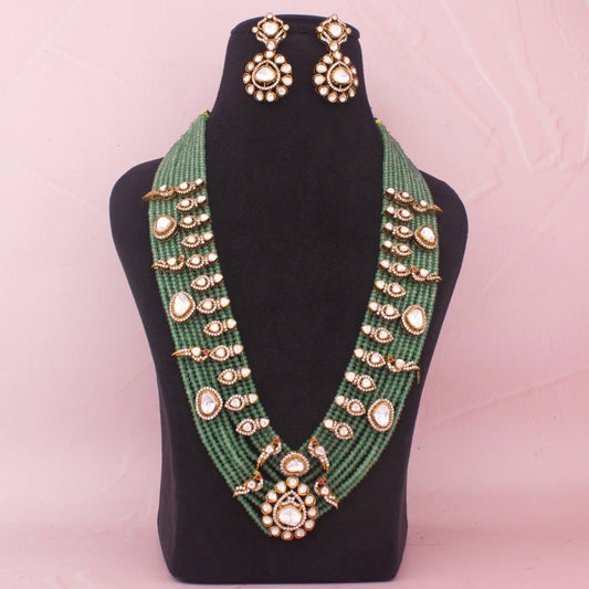Grand Bridal Green Polki Bead Necklace Set with Earrings
