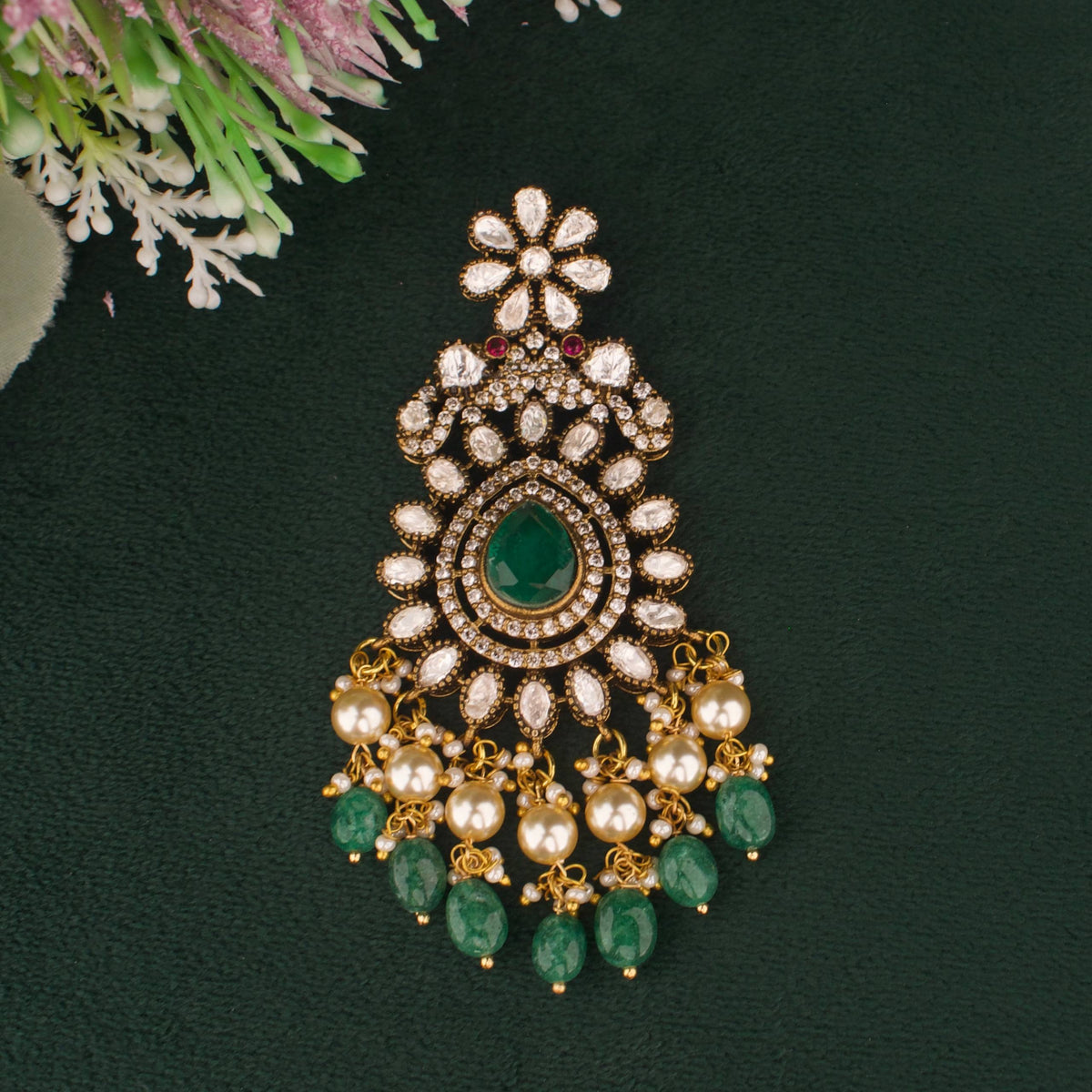Stylish Victorian Locket With Strawberry Hangings Close-up Design & Gemstone Detailing - Dulhan Jewels