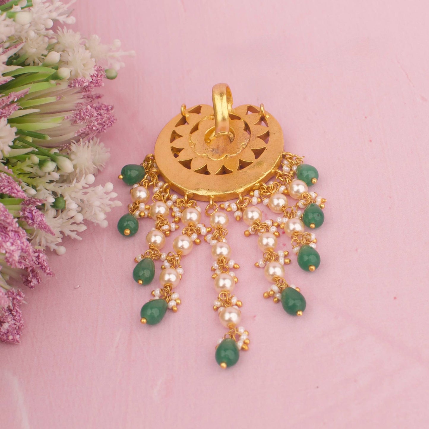 Rajwada Floral Design Jadau Kundan Pendant With Swarovski Pearls