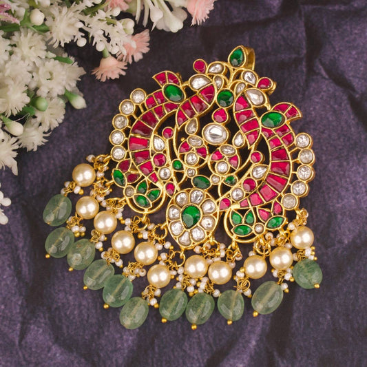 Gold Design Jadau Kundan Pendant With Guttapusalu Hangings