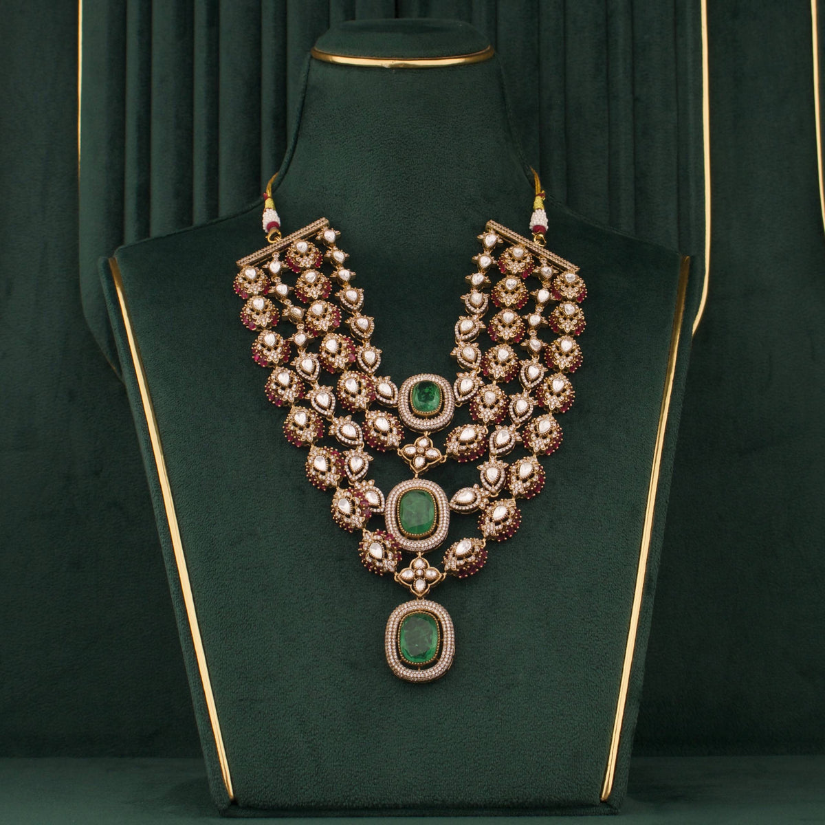 Royal Victorian Layered Polki Necklace Set With Emerald Green Stones And Matching Drop Earrings