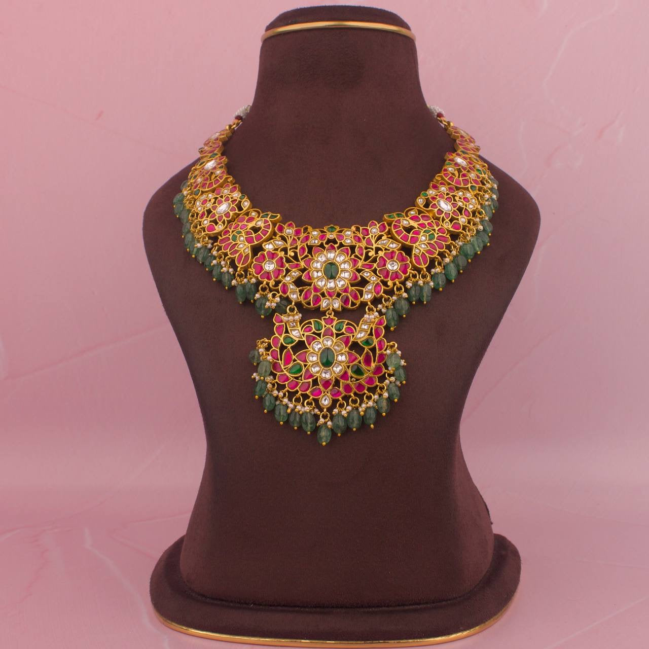 Gold Inspired Jadau Kundan Necklace With Strawberry Beads As Hangings