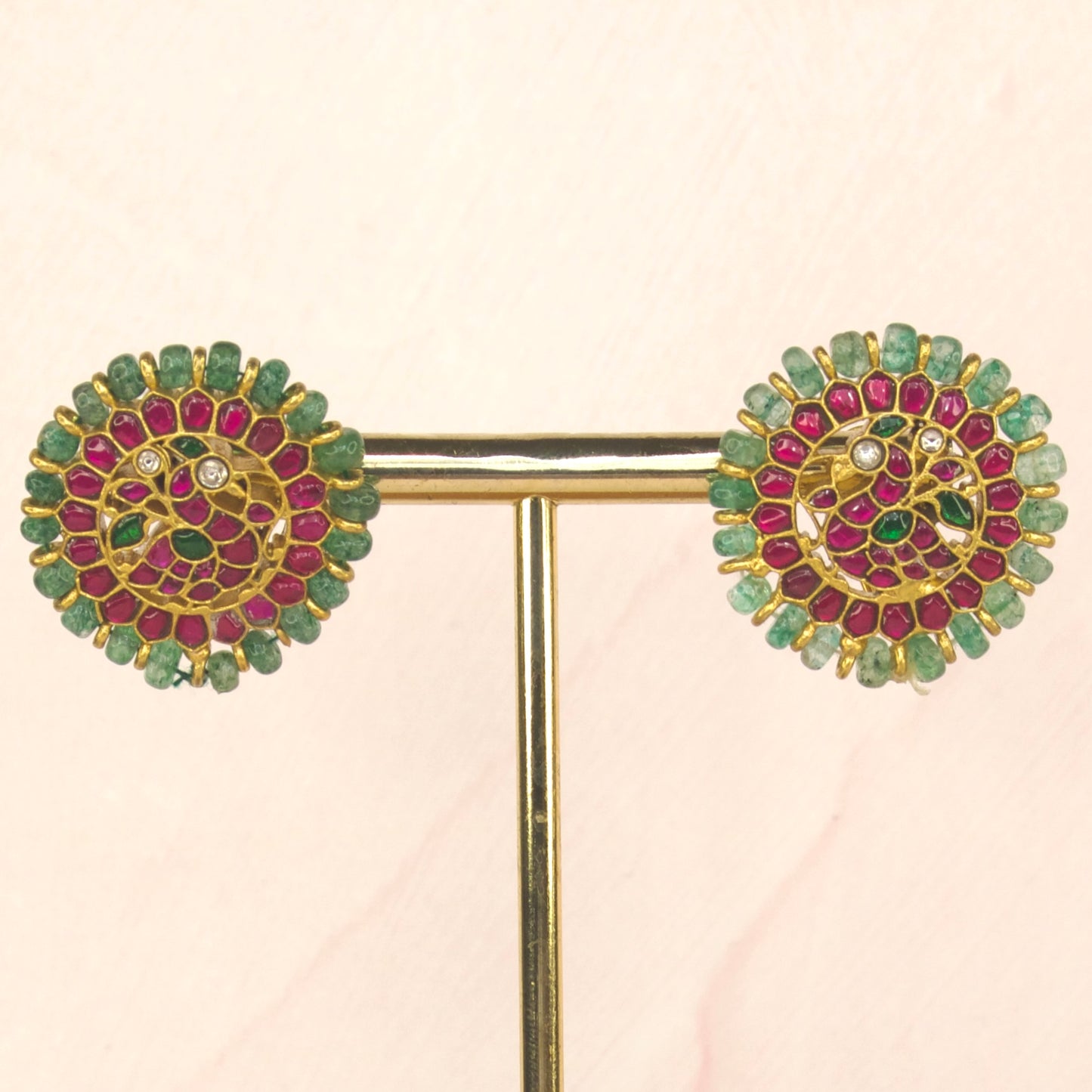 Gold Plated Jadau Kundan Stud Earrings with Beads