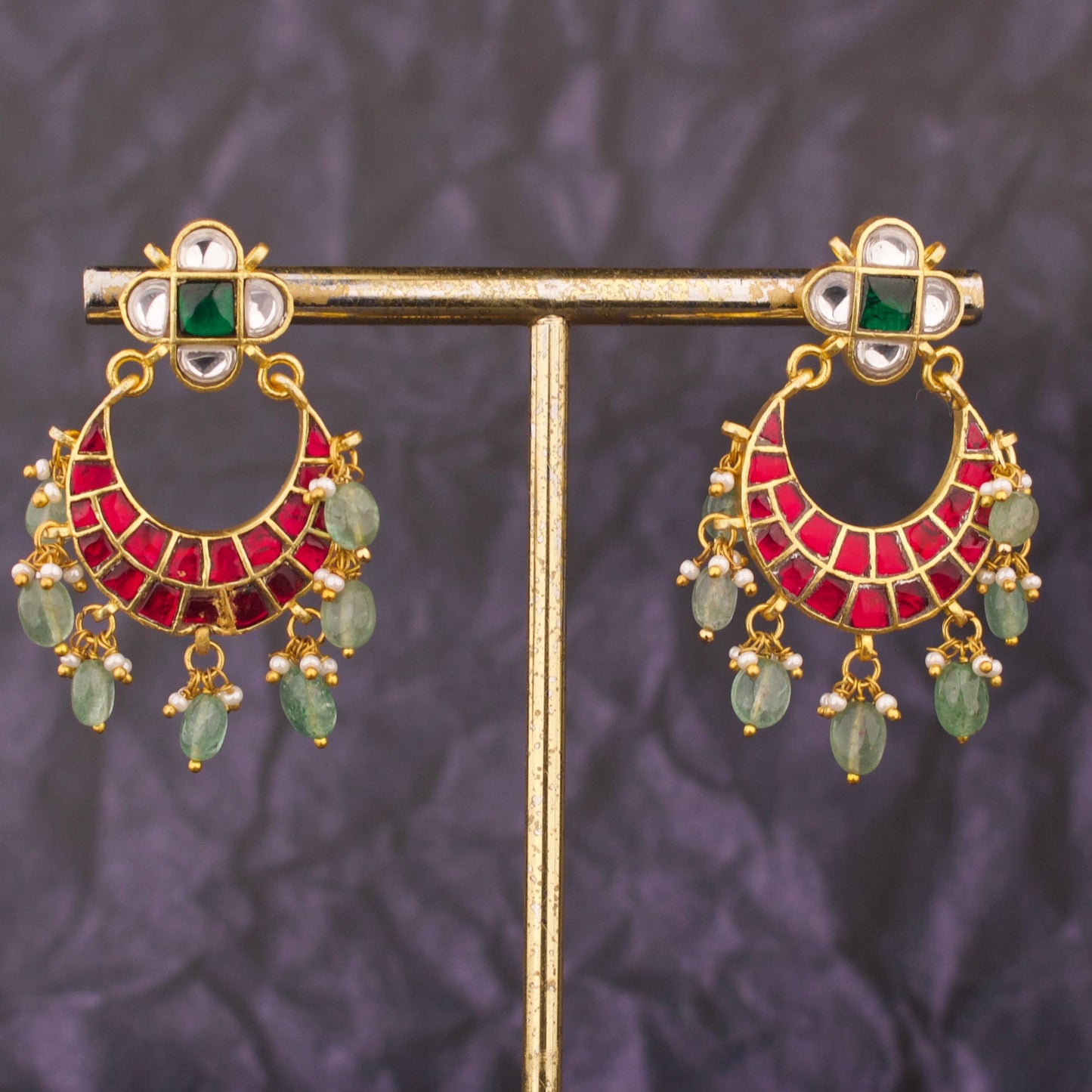 Floral Studded Sleek Jadau Kundan Chandbali Hanging Earrings