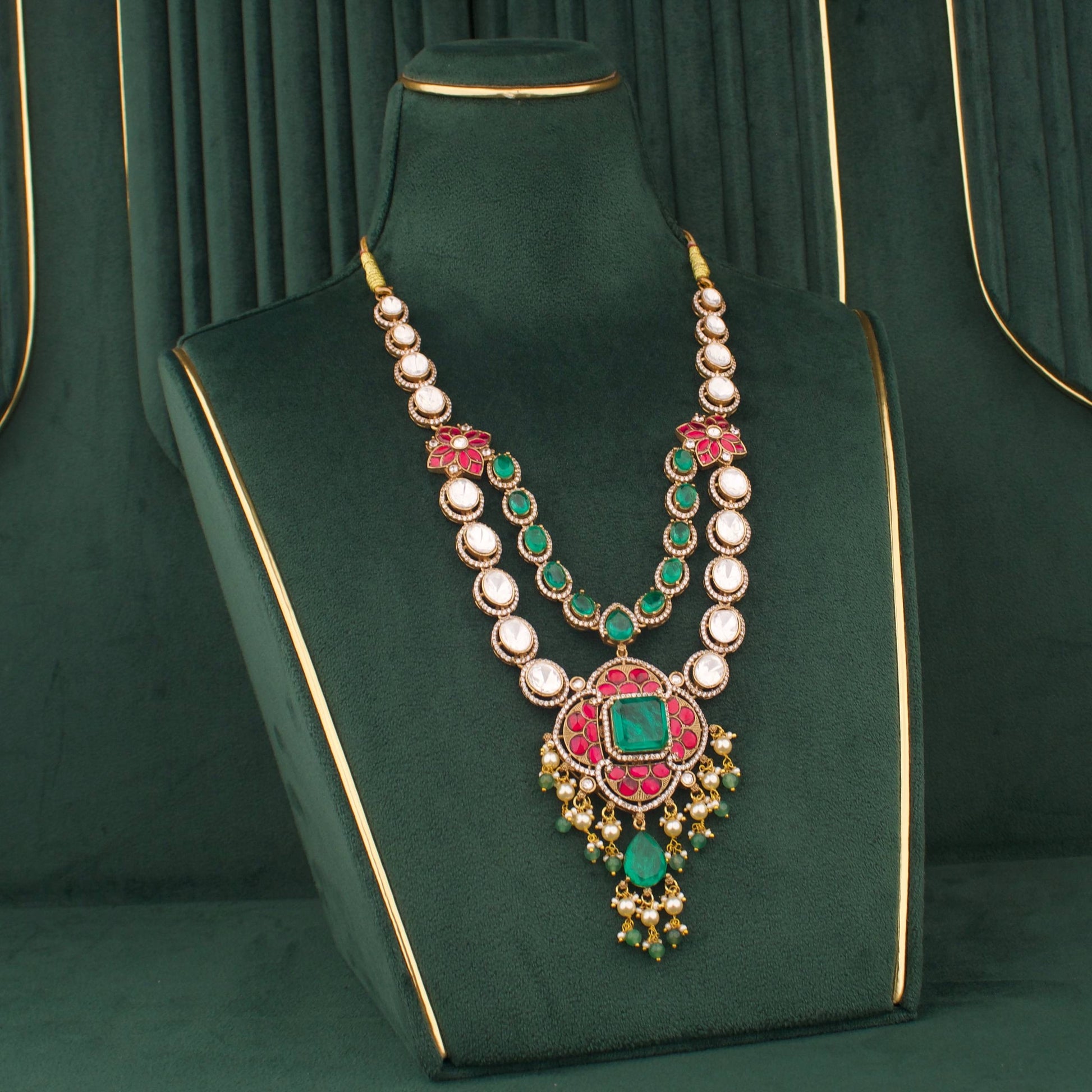Graceful Victorian Necklace With Matching Earrings Close-up Design & Gemstone Detailing - Dulhan Jewels