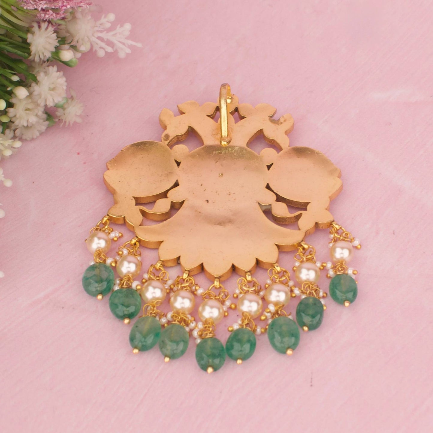 Traditional Jadau Kundan Locket With Emerald Beads