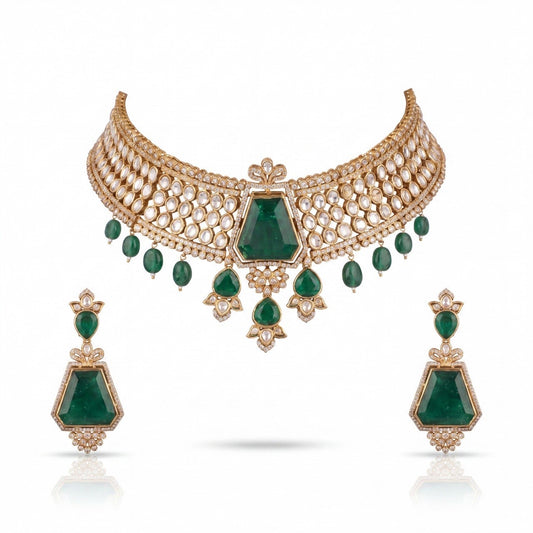 Sleek Victorian Polki Full Neck Choker Set With Matching Earrings