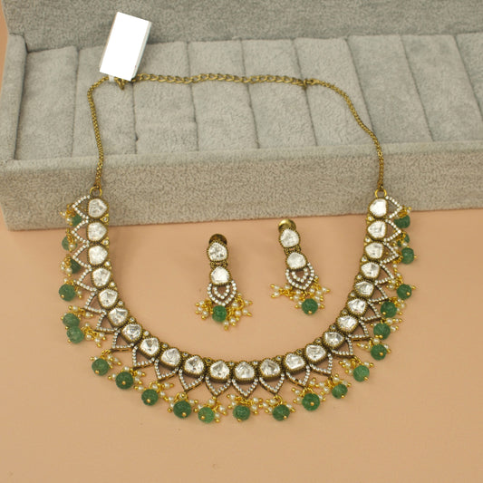 Victorian Polki Necklace Set with Emerald Pumpkin Beads