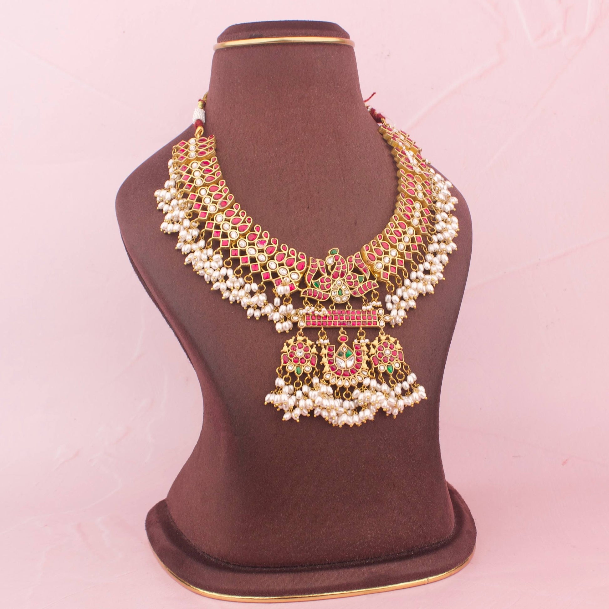 Close-Up Detail View of Regal Jadau Kundan Short Necklace With Guttapusalu Hangings | Dulhan Jewels