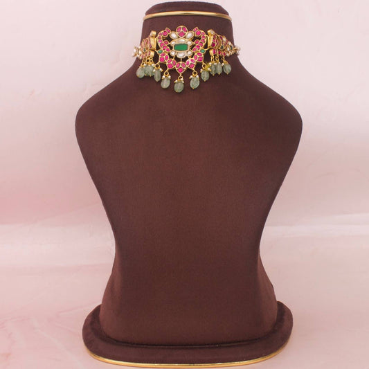 Peacock Multi Coloured Jadau Kundan Choker With Ricepearl Chain