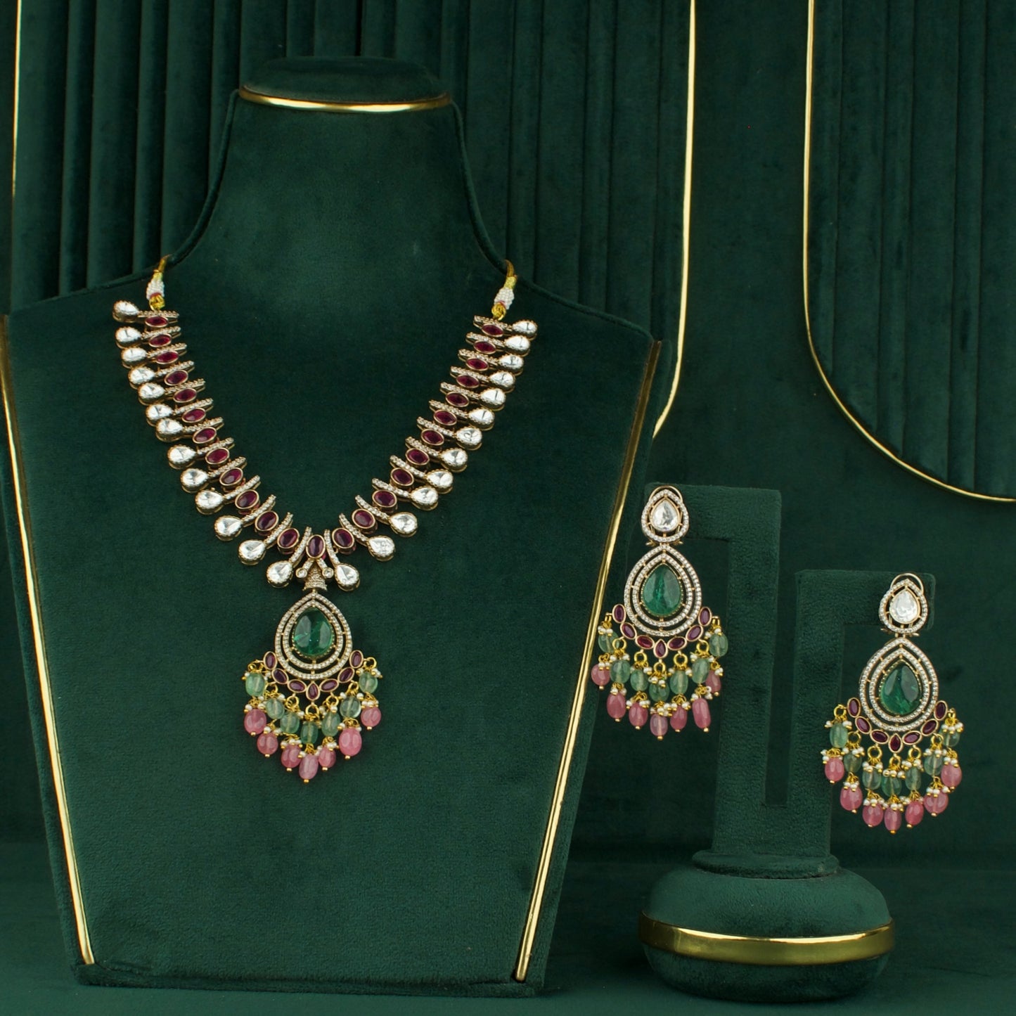 Victorian Polki Kemp Necklace With Matching Earrings by DULHAN JEWELS