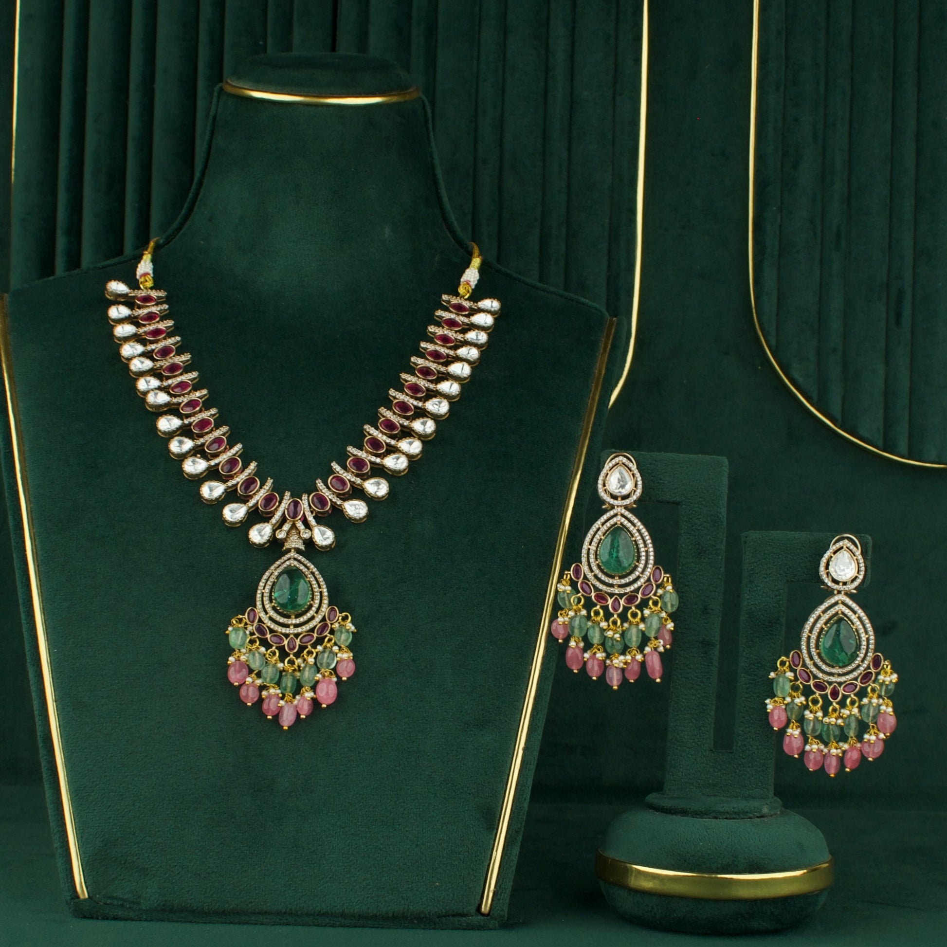 Victorian Polki Kemp Necklace With Matching Earrings by DULHAN JEWELS