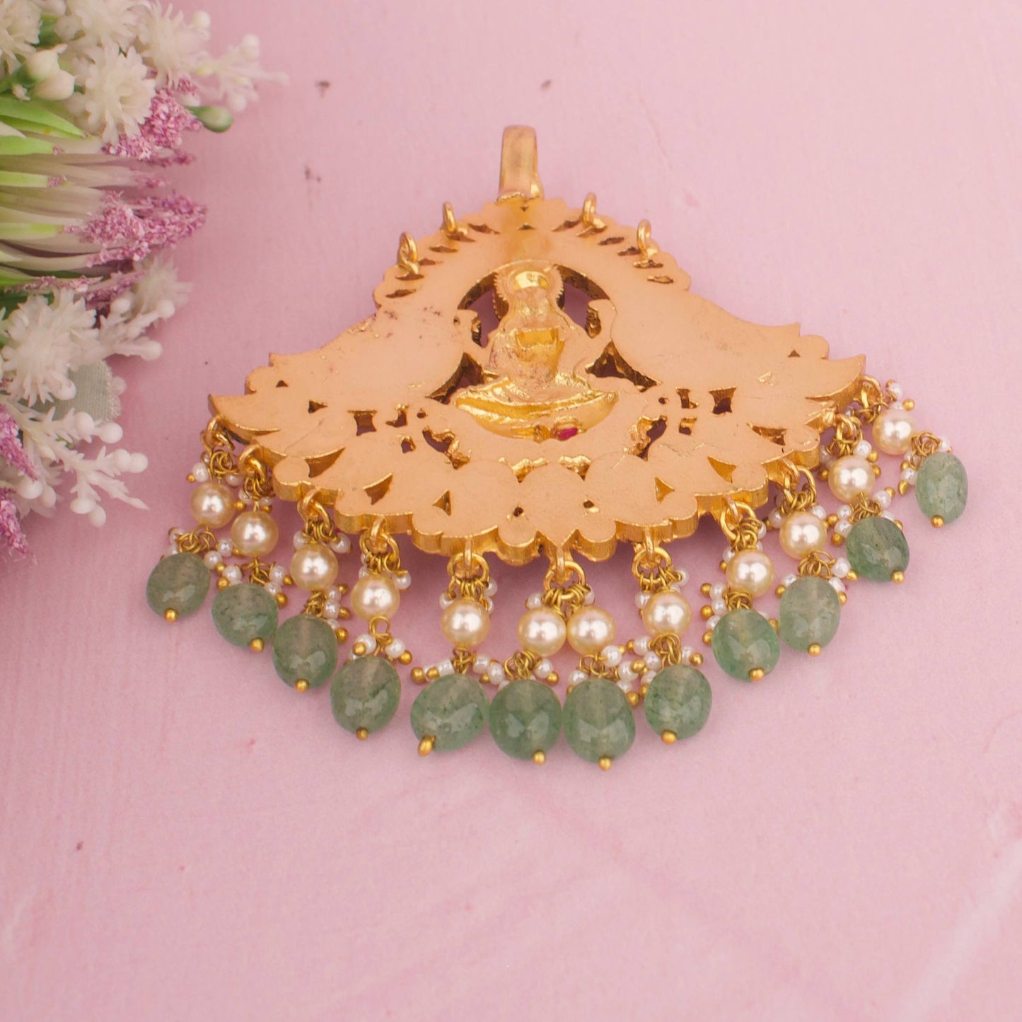 Divine Laxmi Devi Jadau Kundan Necklace With Pearl & Bead As Droplet