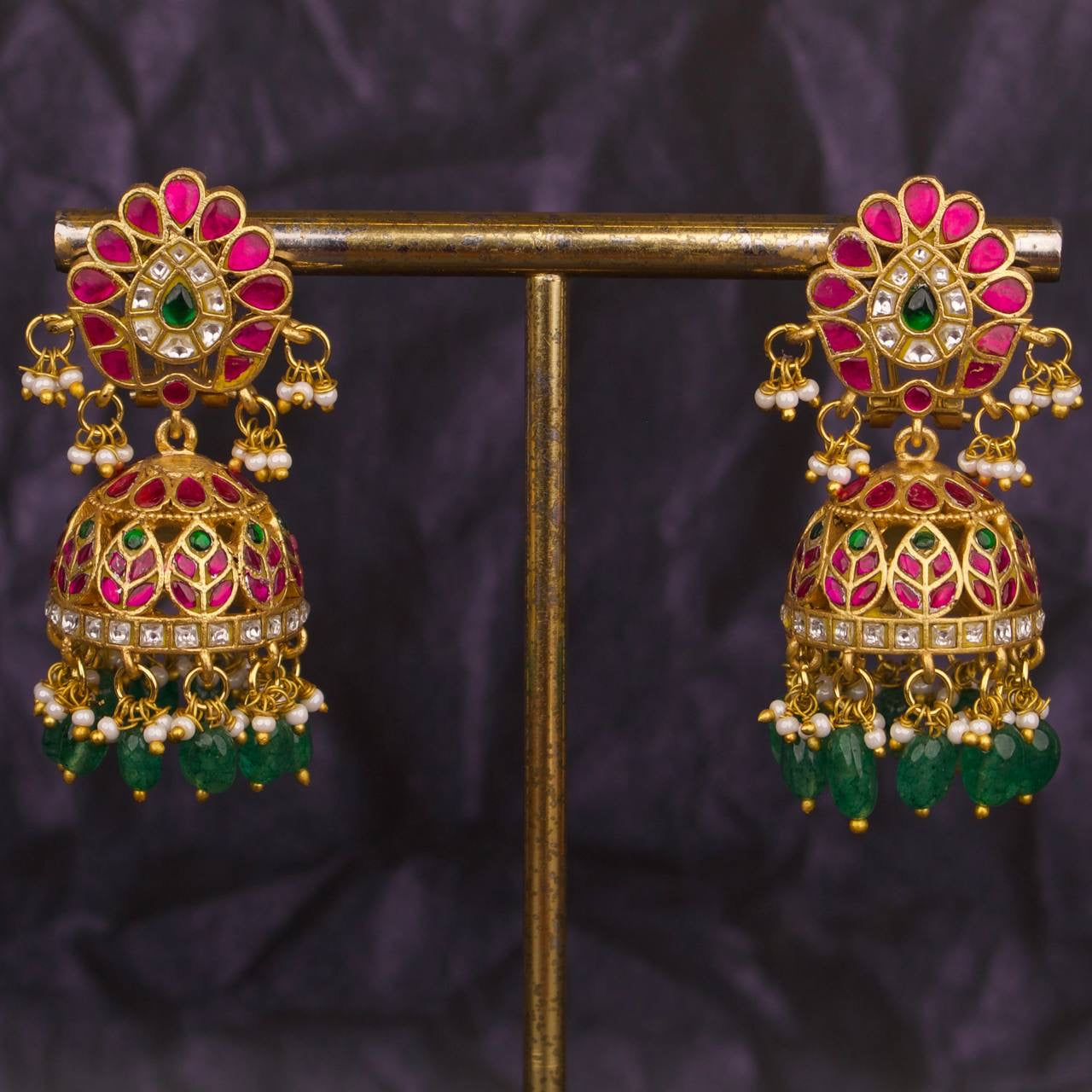 Premium Jadau Kundan Jhumki Earrings With Green Beads Hanging