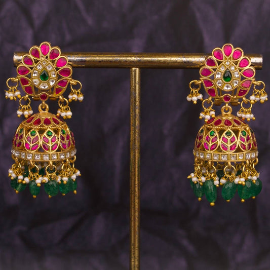 Premium Jadau Kundan Jhumki Earrings With Green Beads Hanging