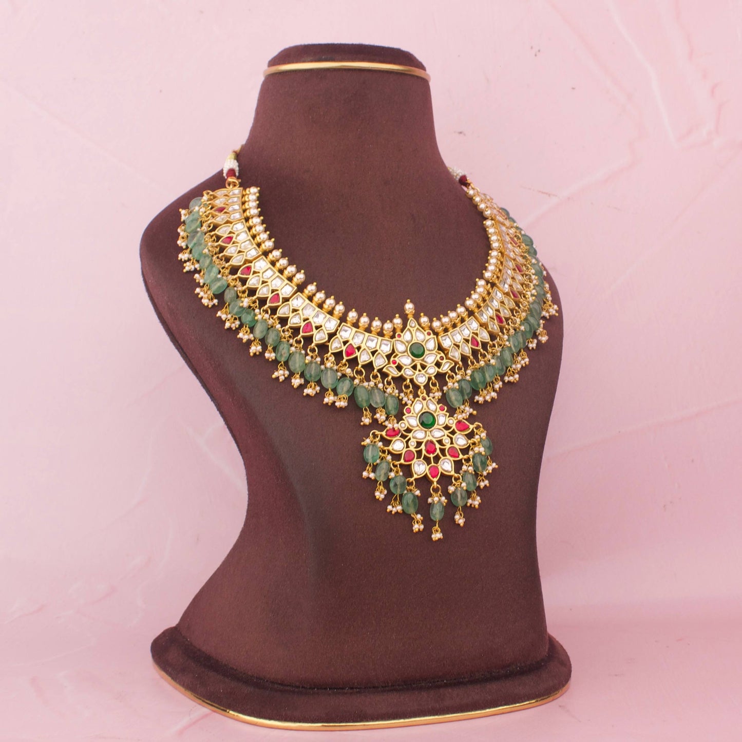 Premium Jadau Kundan Short Necklace With Emerald Drops