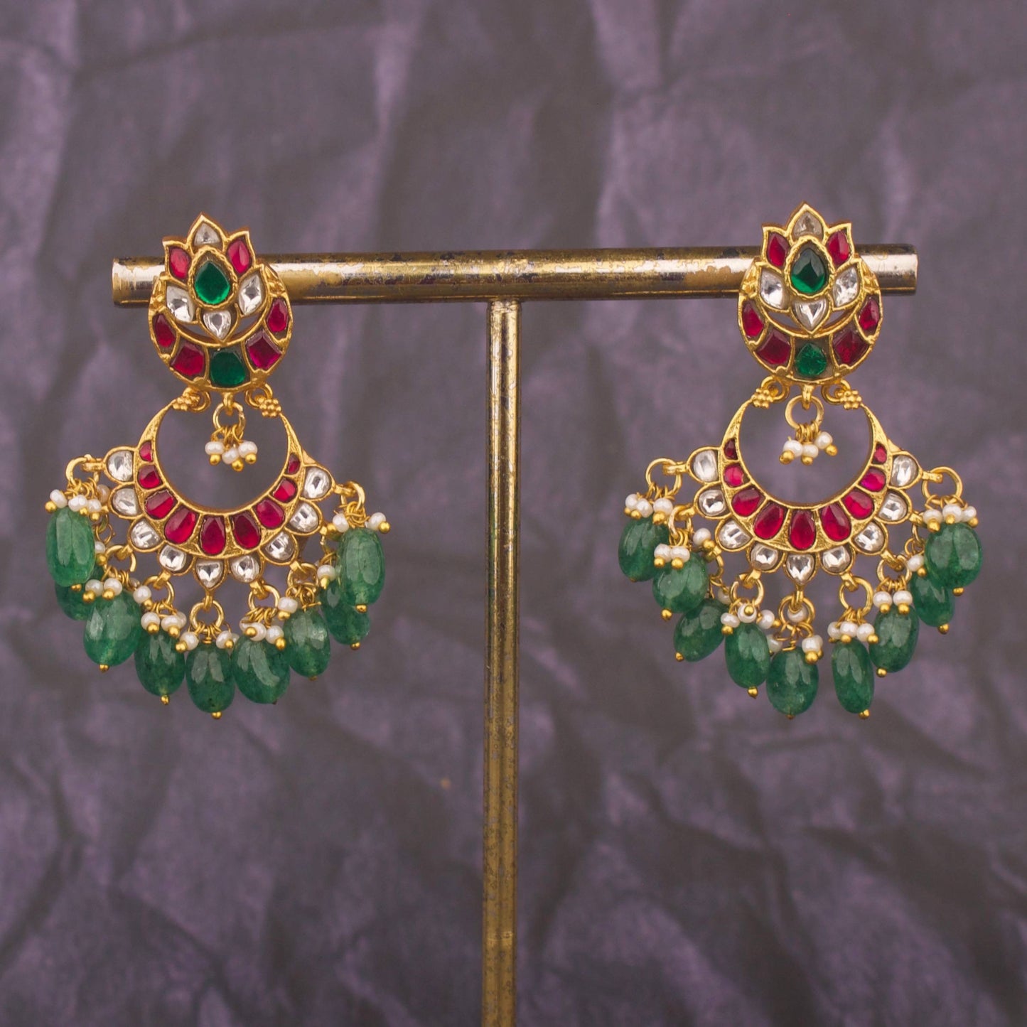 Chand Studded Jadau Kundan Chandbali Earrings With Emerald Drops