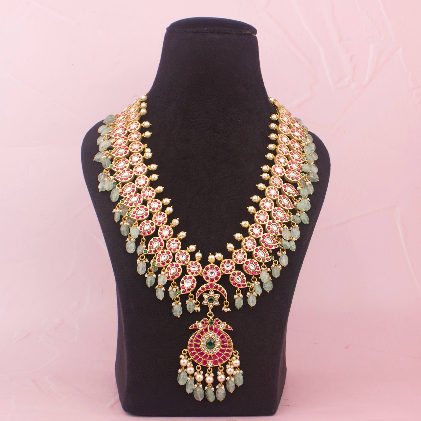 Traditional Jadau Kundan Mango Haram With Beads Droplet - Premium Indian Ethnic Jewelry | Dulhan Jewels