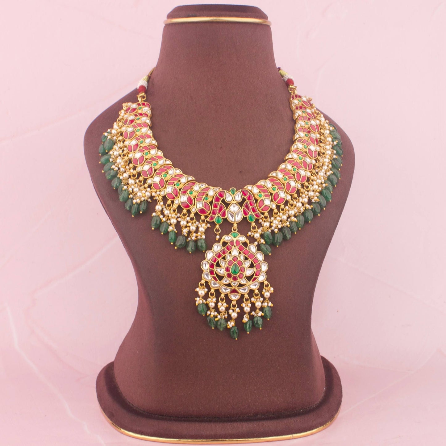 Imperial Jadau Kundan Necklace With Emerald Bead Drops - Handcrafted Indian Bridal Jewelry by Dulhan Jewels