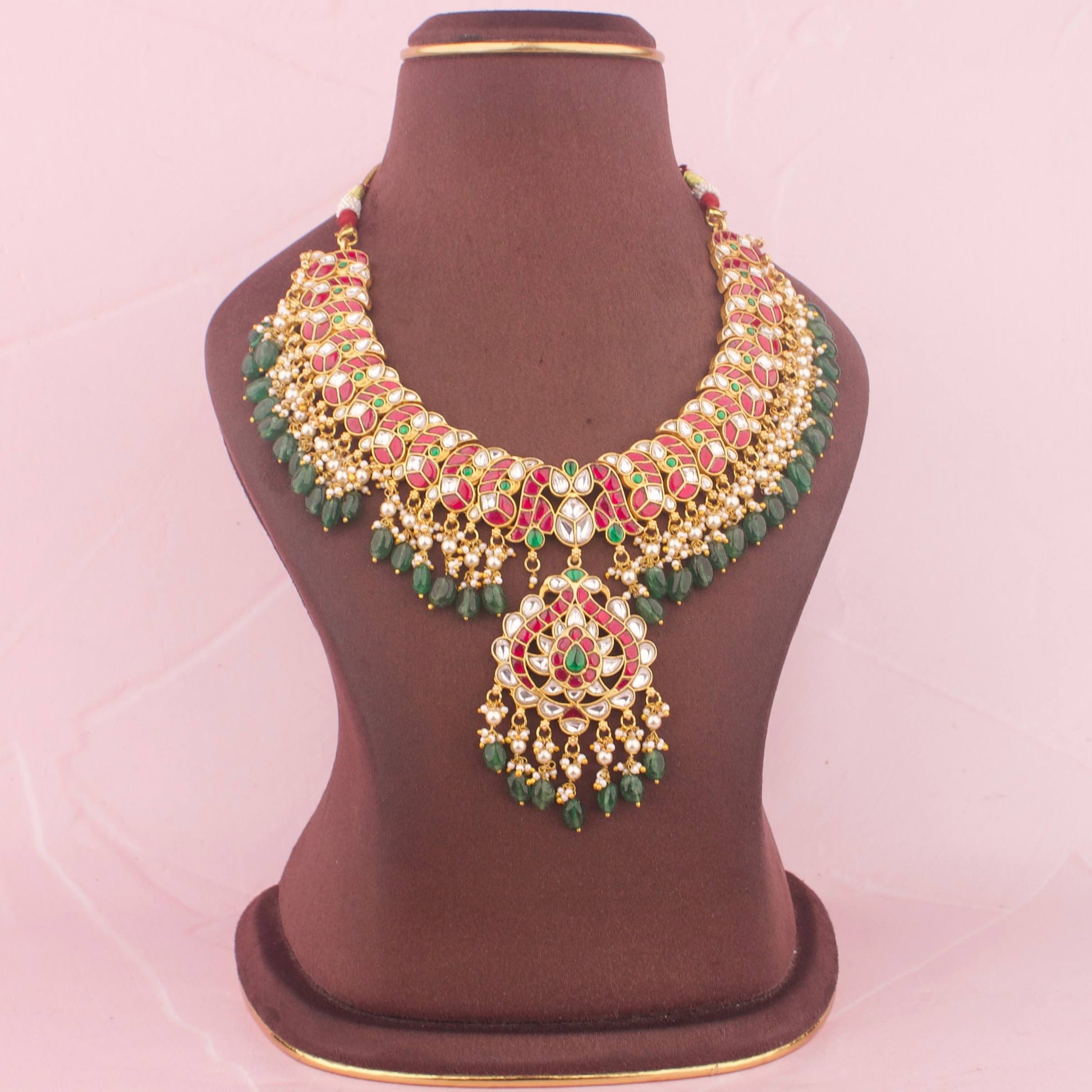 Imperial Jadau Kundan Necklace With Emerald Bead Drops - Handcrafted Indian Bridal Jewelry by Dulhan Jewels