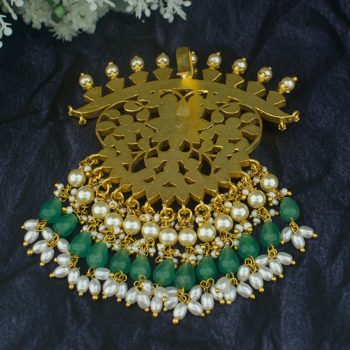 elite jadau kundan locket with guttapusalu hangings, gold and green beads