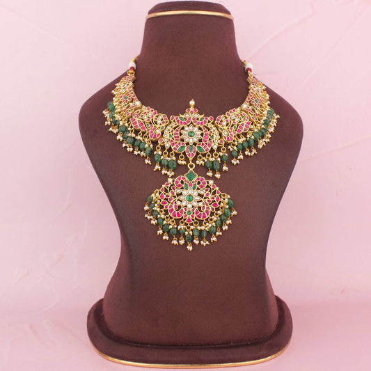 Classic Jadau Kundan Necklace With Beads Hangings