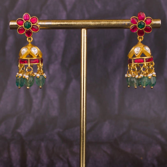Cute Floral Studded Jadau Kundan Jhumki Earrings