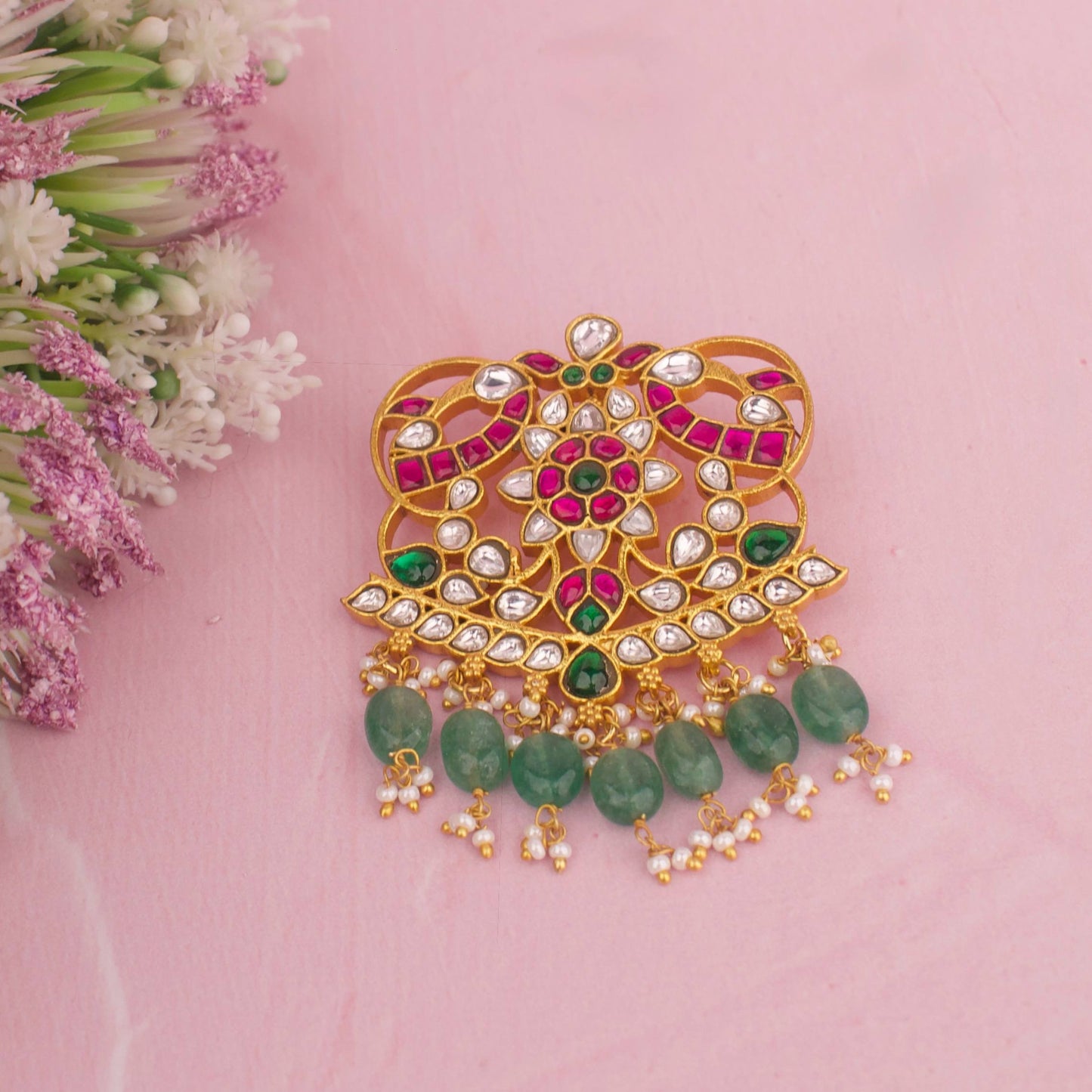 Maharani Peacock Guttapusalu Jadau Kundan Locket With Emerald Drops