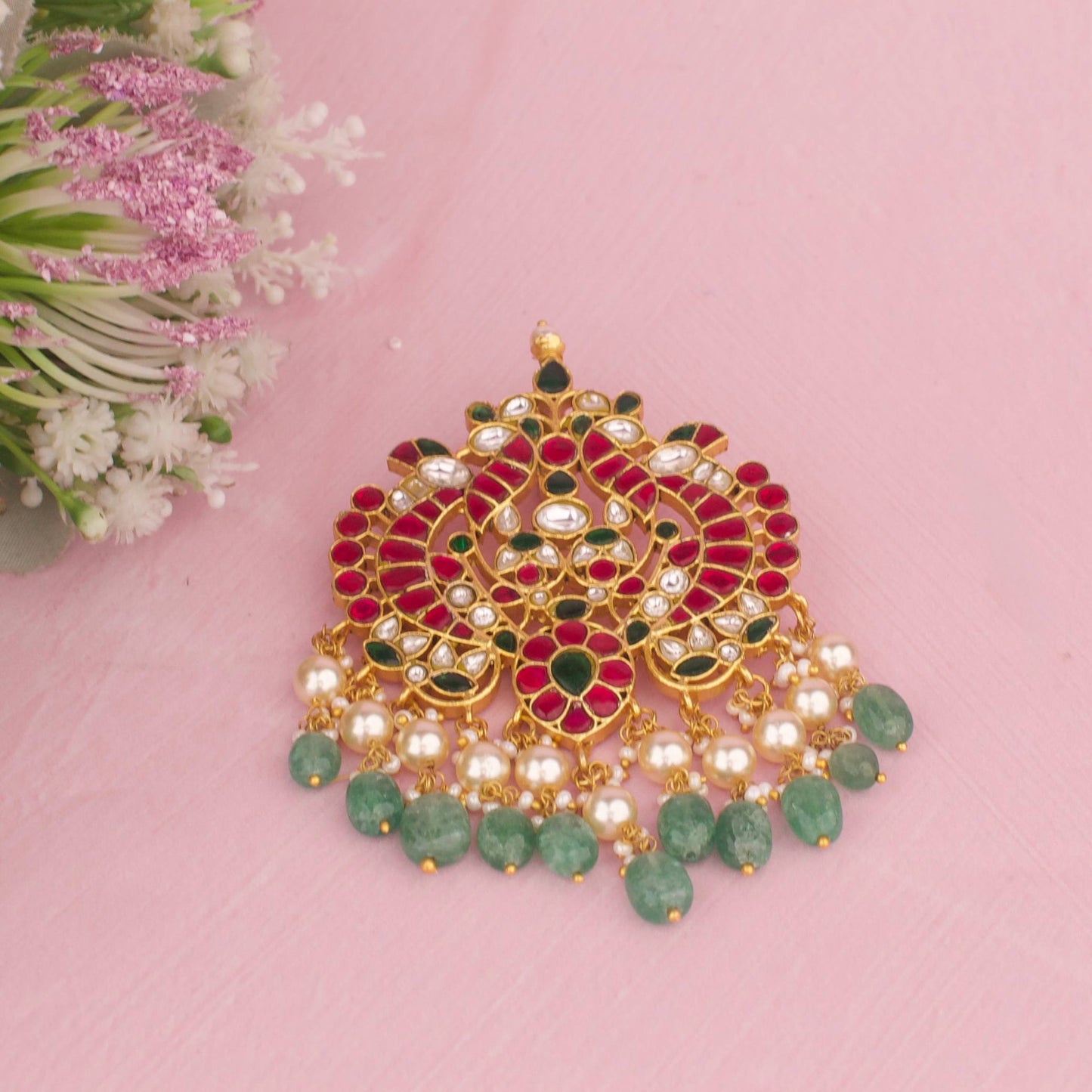 Traditional Jadau Kundan Pendant With Pearl And Green Beads