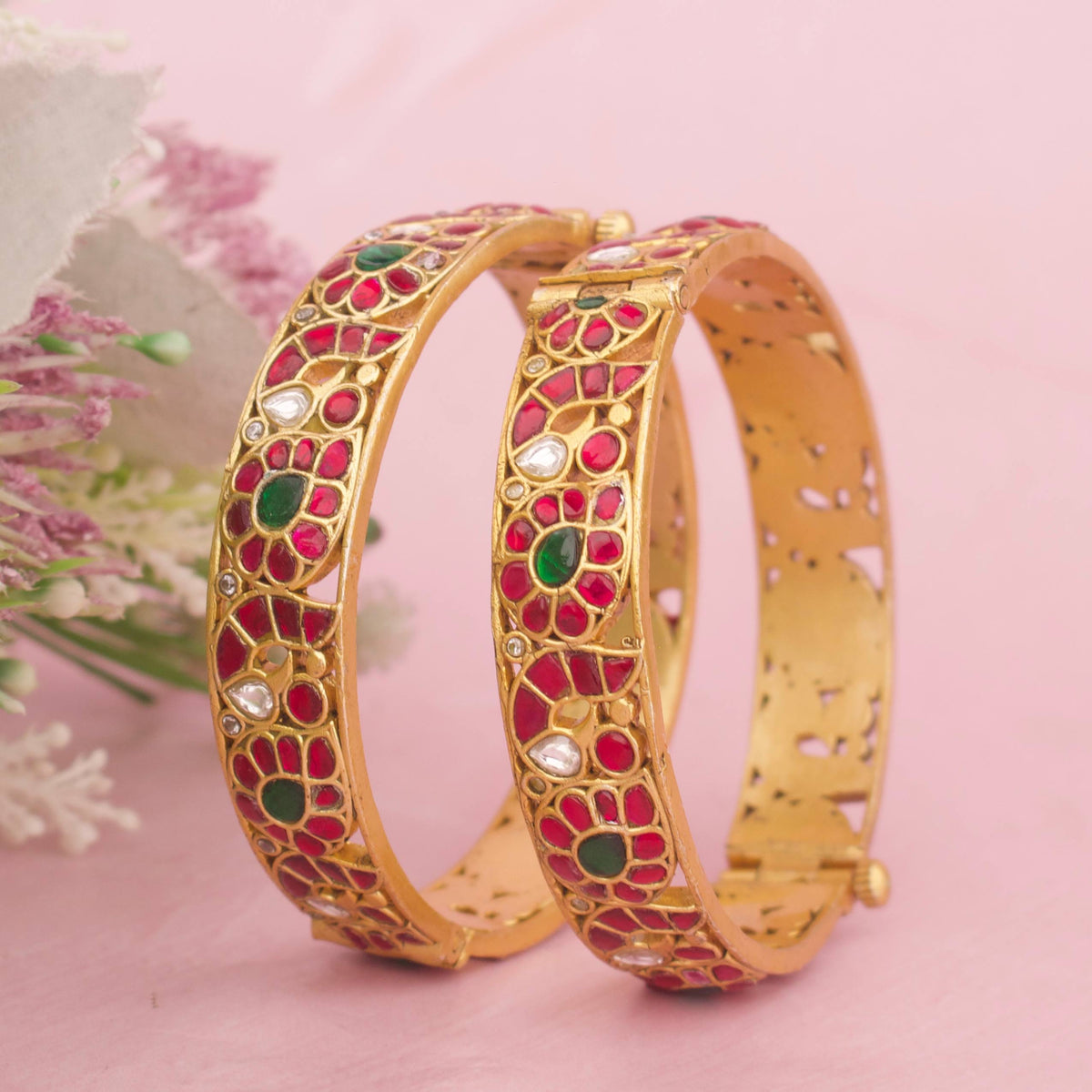 Designer Jadau Kundan Bangles With Floral Motif And Multi-Stone Work Close-up Design & Gemstone Detailing - Dulhan Jewels