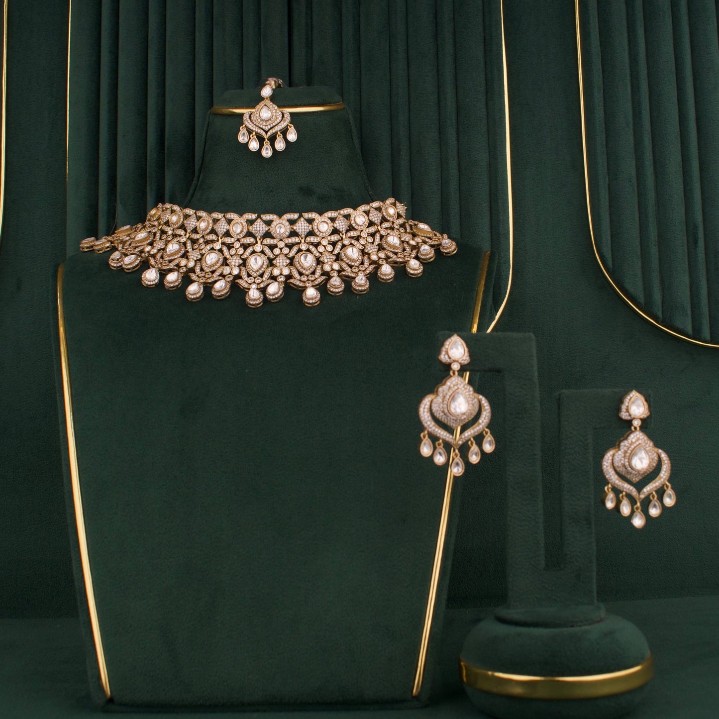 Bridal Victorian Polki Choker Set With Earrings And  Maangtika