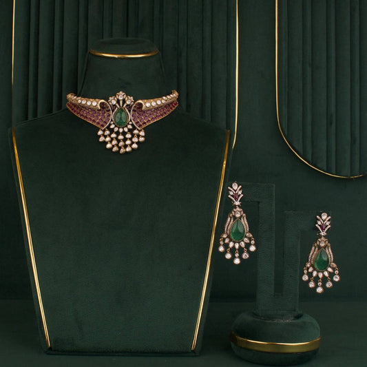 Designer Victorian Finish Polki Choker Set With Earrings