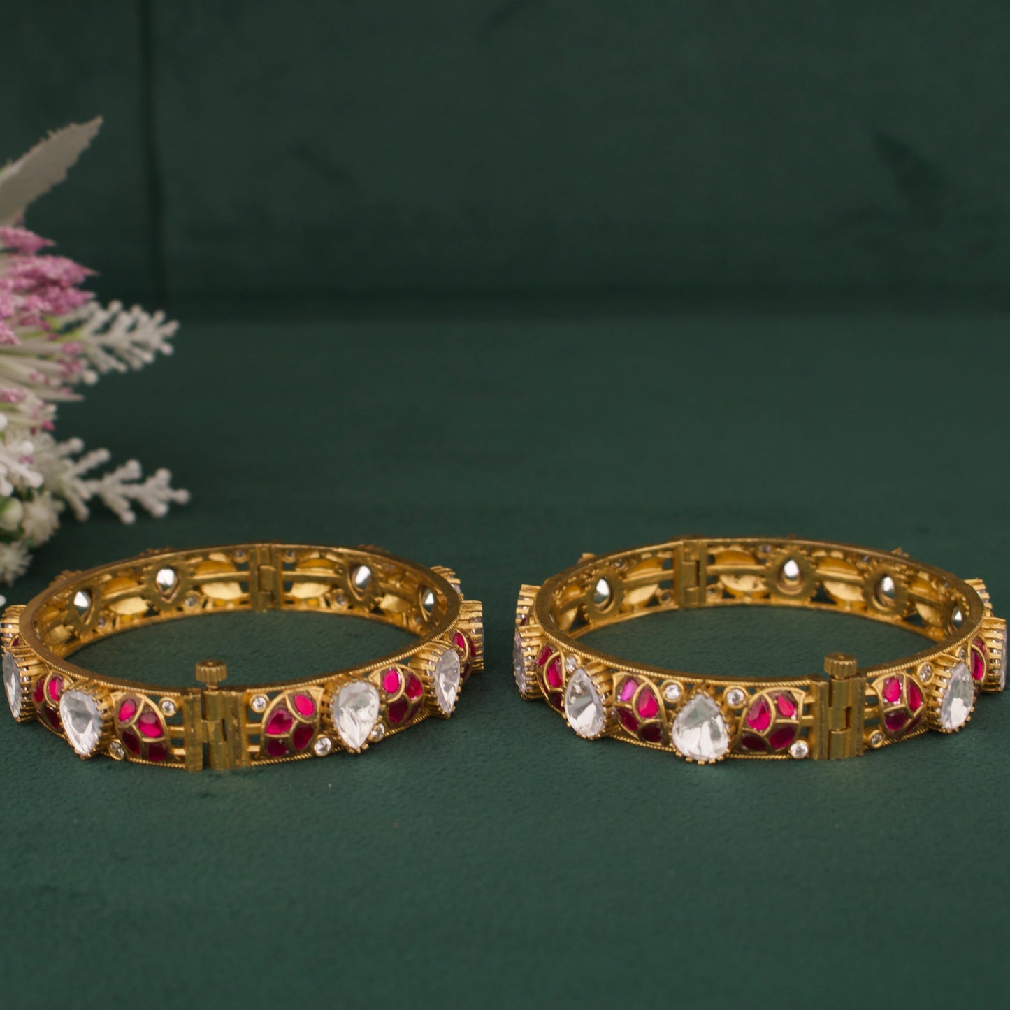Elegant Victorian Polki Bangles With Ruby And Emerald Leaf Design in Antique Gold Finish