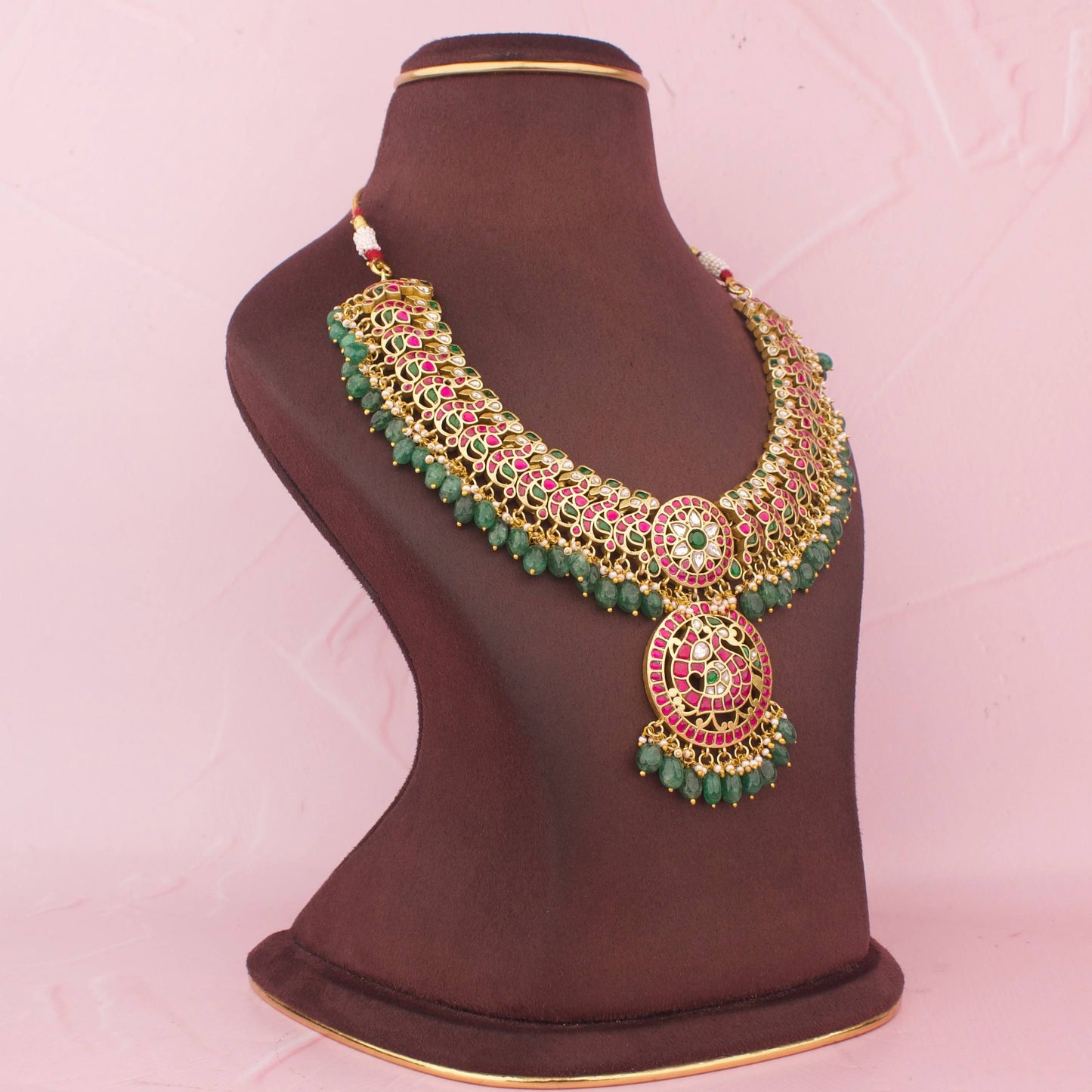 Majestic Jadau Kundan Necklace With Green Drop Hangings And Peacock Design Pendant