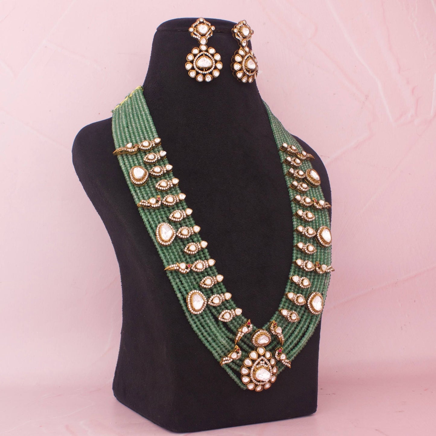 Grand Bridal Green Polki Bead Necklace Set with Earrings