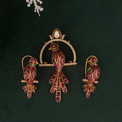 Victorian Polki Bird Pendant Set With Matching Earrings