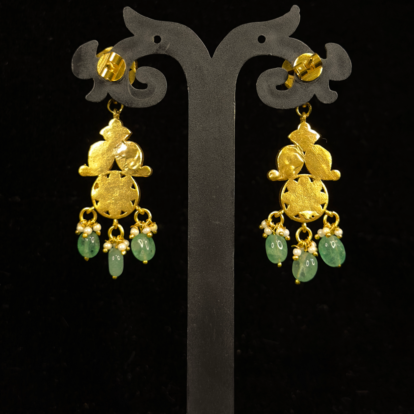 Gold Plated Jadau Kundan Hanging Earrings with beads drops