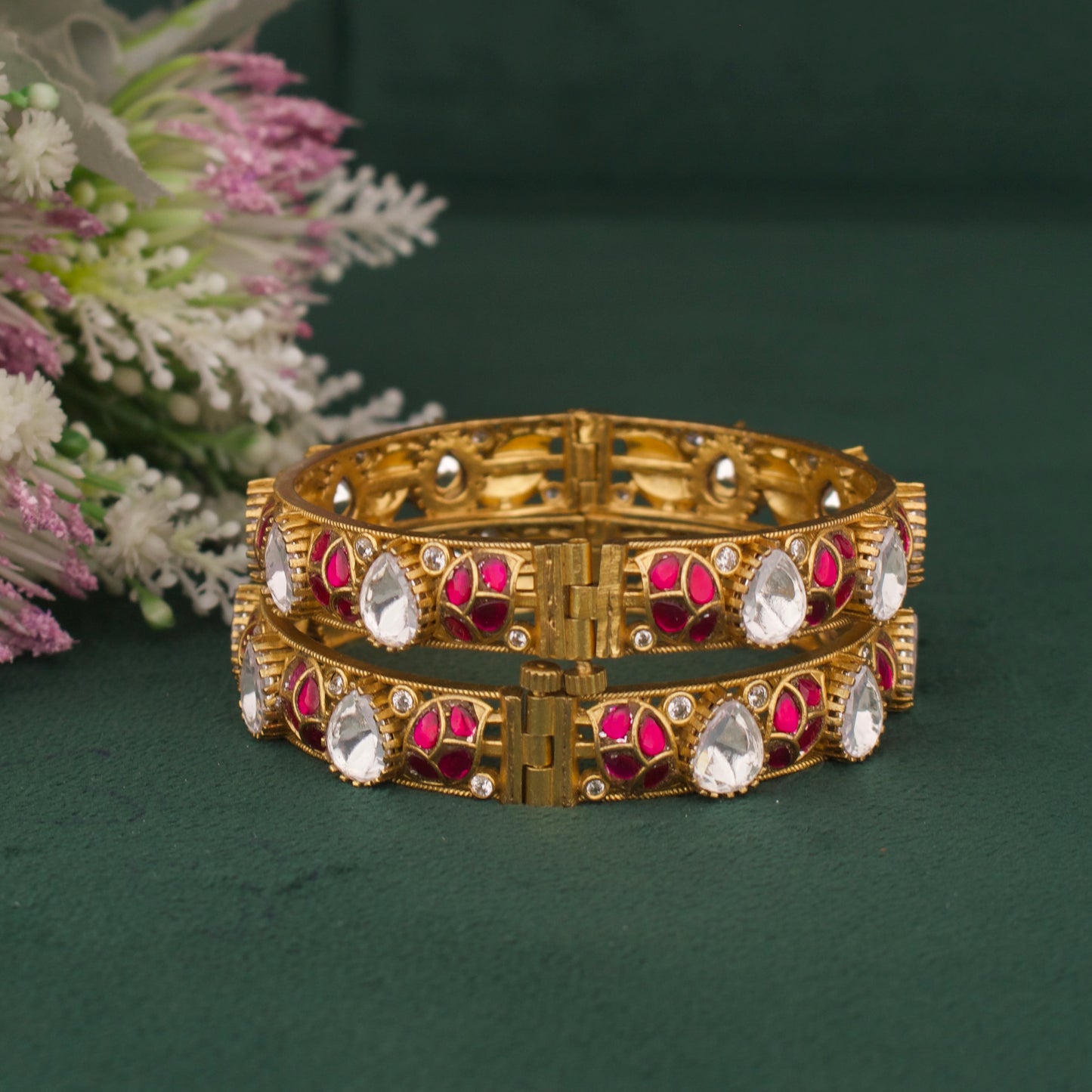 Elegant Victorian Polki Bangles With Ruby And Emerald Leaf Design in Antique Gold Finish