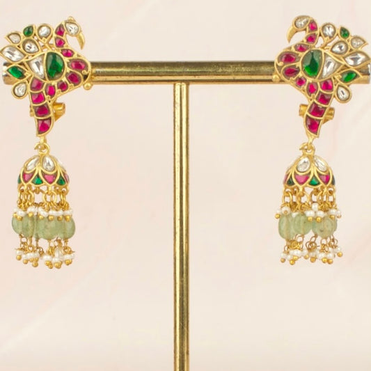 Peacock Studded Jadau Kundan Jhumka Earrings With Cute Hangings