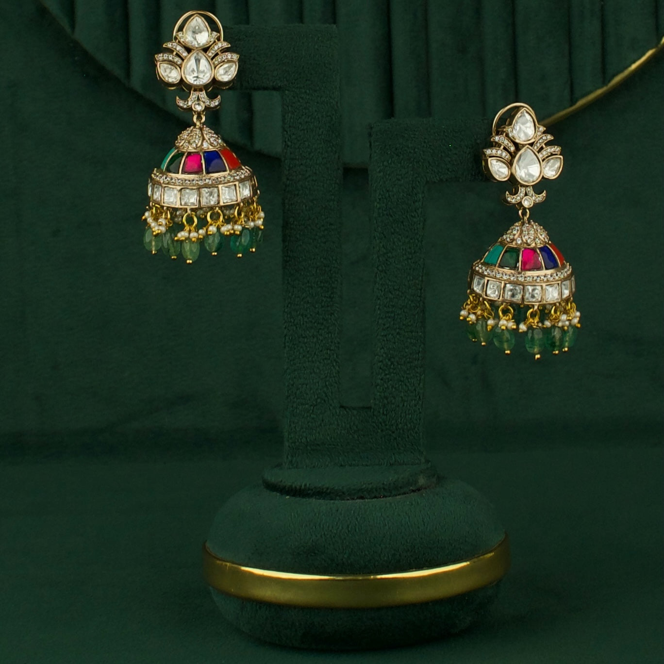 Spectacular Fusion Kundan & Polki Victorian Jhumki with Green Beads