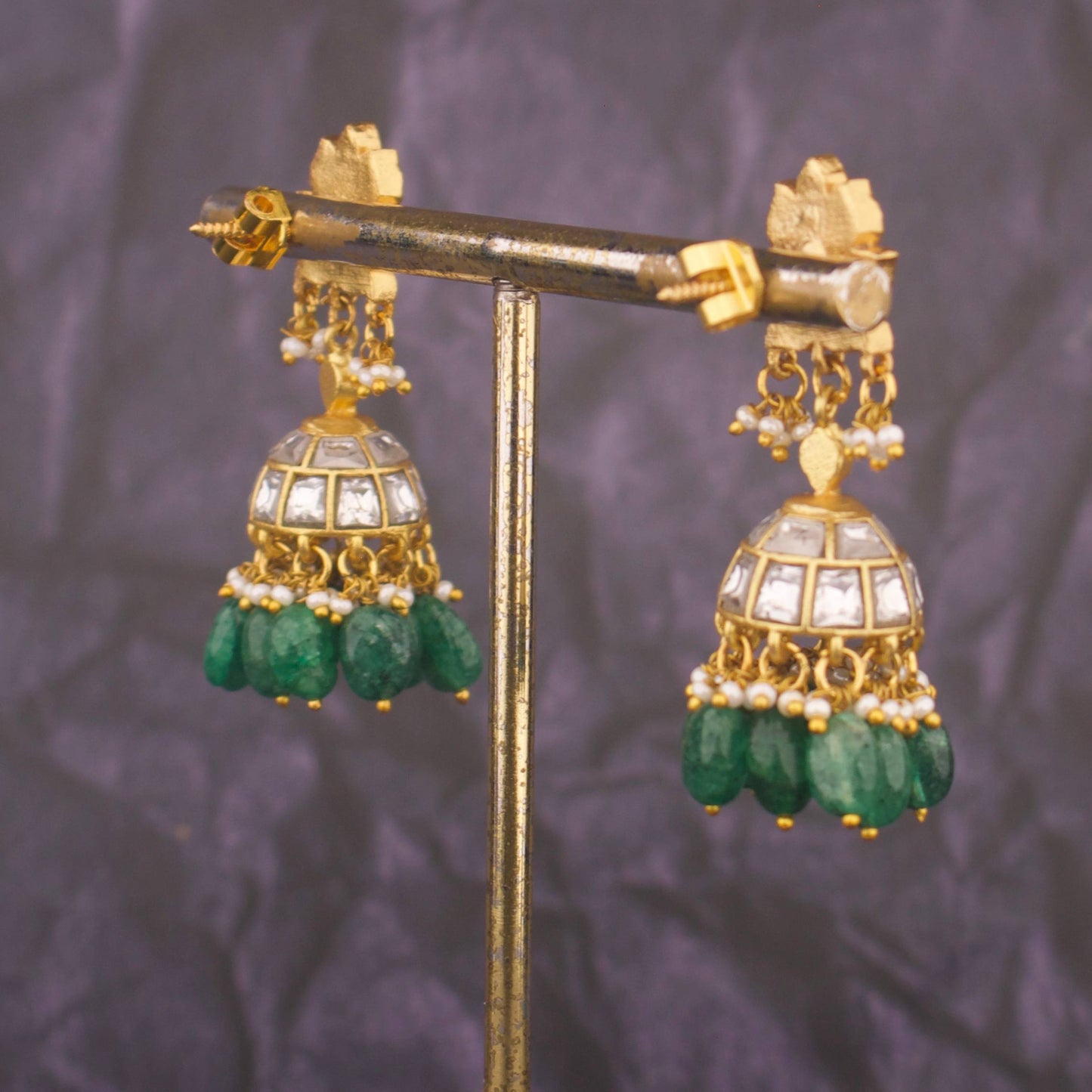 Ethnic Jadau Kundan Jhumki Earrings With Emerald Drops