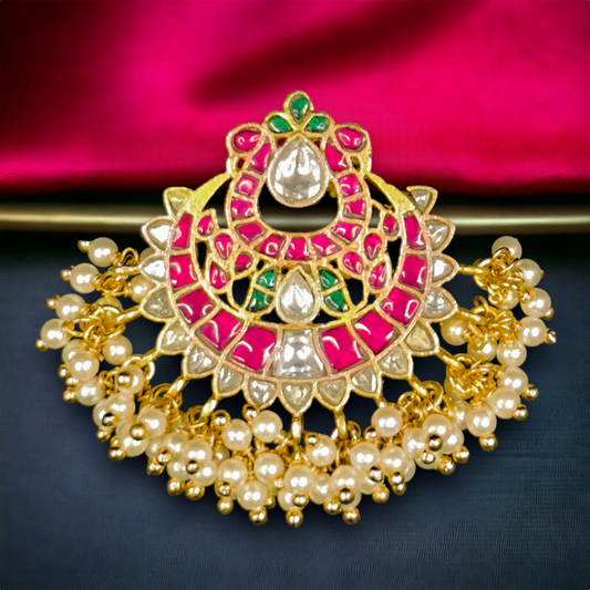 Exquisite multicolour Crescent Jadau Kundan Pendant in 22k gold plating This product belongs to Jadau Kundan Jewellery