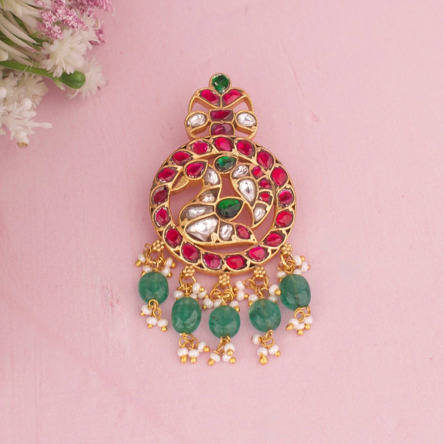 Jadau Kundan Peacock Pendant With Emerald Drops