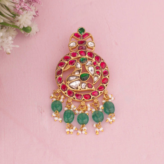 Jadau Kundan Peacock Pendant With Emerald Drops